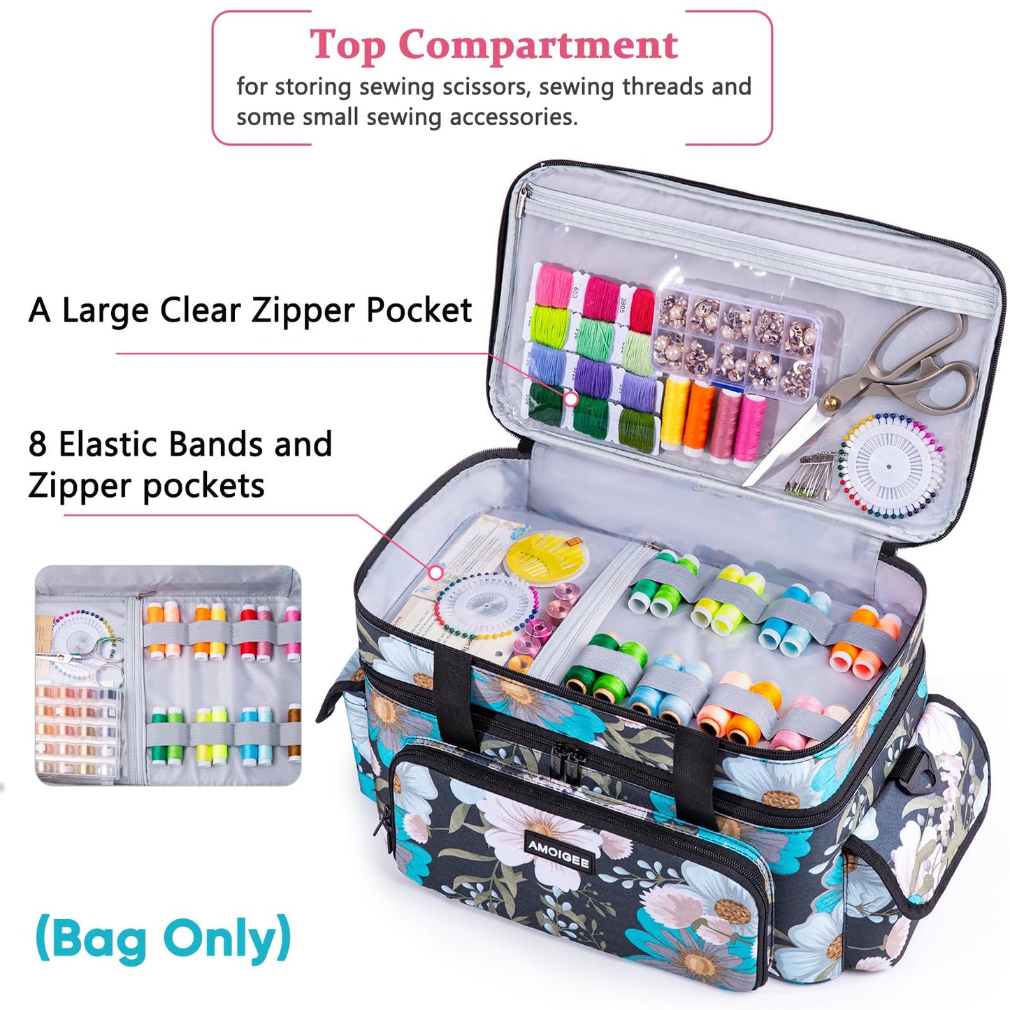 AMOIGEE Large 15" Double-Layer Sewing Storage Bag with Detachable Diviers – Large Sewing Organizer with Shoulder Strap, Elastic Loops for Sewing Supplies, Tools & Accessories
