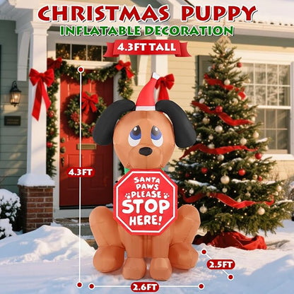 Christmas Inflatable Outdoor Decorations, 4FT Inflatables Dog Yard Decor with Hat & Sign, LED Lights Blow up Puppy Holiday Decorations for Indoor Outside Lawn Garden
