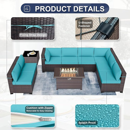 Kurapika 10 Pieces Patio Furniture Set, Rattan Wicker Outdoor Conversation Sets w/43in Propane Fire Pit Table and 4 Inch Cushion(Blue)