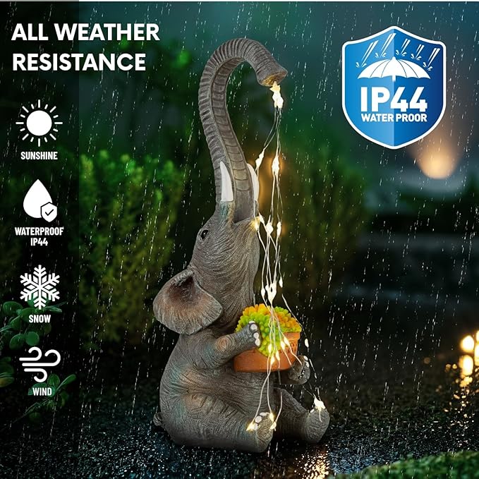 Elephant Garden Statue with Solar Watering Lights, Outdoor Resin Animal Sculpture for Patio, Lawn, Yard – Unique Gift for Women, Mom, Grandma (Dark Grey Succulents)