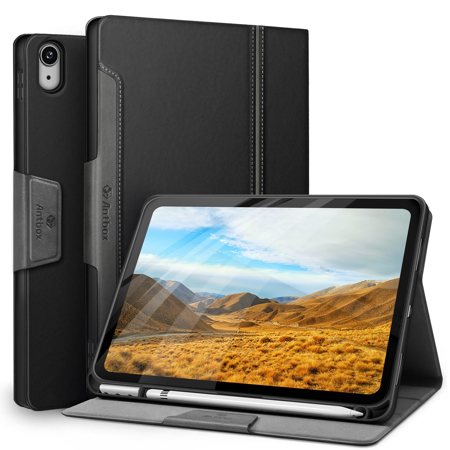 Antbox Case for iPad (A16) 11th Generation 11'' 2025/iPad 10th Generation 10.9'' 2022 with Built-in Pencil Holder Auto Sleep/Wake Function PU Leather Smart Cover (Black)