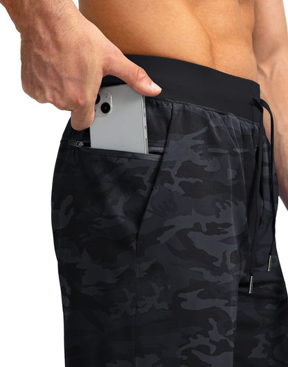 Soothfeel Men's Running Shorts with Zipper Pockets 7 Inch Lightweight Quick Dry Gym Athletic Workout Shorts for Men (Grey Camo, 3XL)