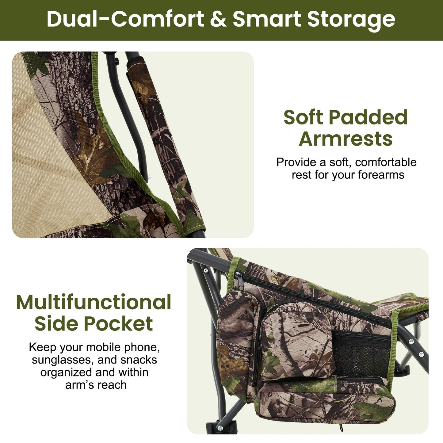 SUNNYFEEL Portable Low Profile Hunting Chair for Ground Blind, Lightweight Folding Turkey Hunting Chair with Silent Steel Frame, No-Sink Feet & Carry Strap, Camo Hunting Seat