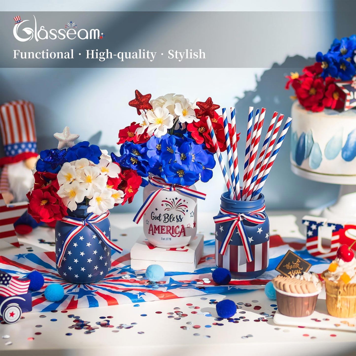 Glasseam 4th of July Vase Set: 3Pcs Patriotic Glass Mason Jars with Red White and Blue Artificial Geranium Star Ribbons - Independence Day USA 250 Anniversary Memorial Table Centerpiece Home Decor