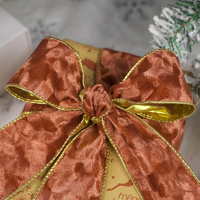 MEEDEE Copper Velvet with Gold Back Double Sided Christmas Wired Ribbon 2-1/2 inch 25 Yards Fall Velvet Ribbon for Christmas Tree, Wreaths, Crafts Bow, Garlands, Gift Wrapping, Seasonal Decorations
