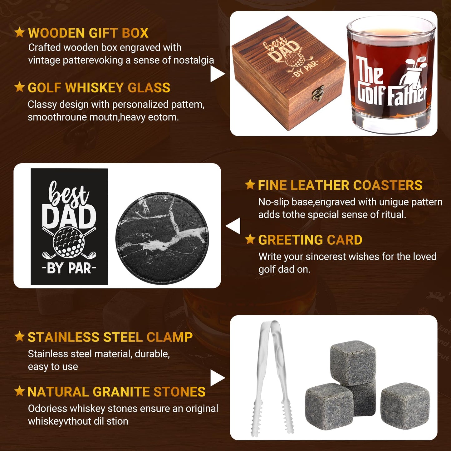 Bayelove Whiskey Glass Gifts for Golf Dad, Best Gift for Men, Gift with 12oz Whiskey Glasses, Stones, Coaster, Wooden Box for Golf-Dad