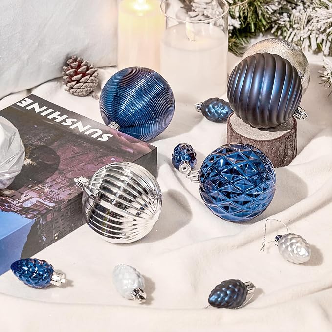JORNOY Blue and Silver Christmas Tree Ornaments - 3.12inch/80mm Shatterproof Ornaments for Christmas Tree Set Plastic Decorative Hanging Balls Ornaments for Xmas Tree Decorations, 32ct (Blue & Silver)