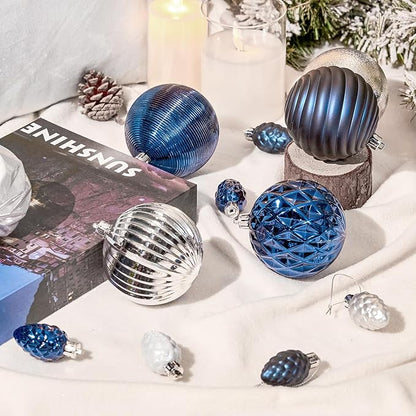 JORNOY Blue and Silver Christmas Tree Ornaments - 3.12inch/80mm Shatterproof Ornaments for Christmas Tree Set Plastic Decorative Hanging Balls Ornaments for Xmas Tree Decorations, 32ct (Blue & Silver)