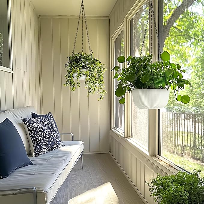 T4U Hanging Planter Self Watering 8 Inch, 2 Pack White Indoor Outdoor Hanging Plant pots, Hanging Flower Pot with Drainage Hole & Plug & Chain with 3 Hooks for Garden Home Decor