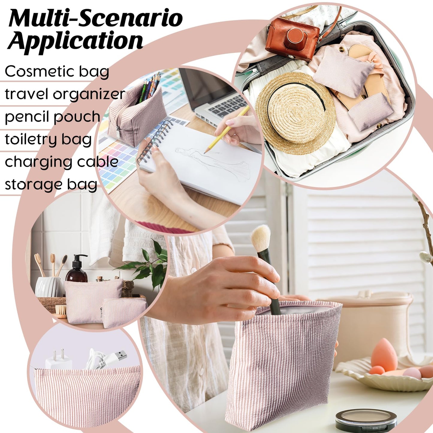 Huhumy 2 Pcs Makeup Bag Set Cute Cosmetic Pouch for Women Seersucker Travel Toiletry Bag Preppy Small Makeup Purse Pouch Aesthetic Skincare Brushes Storage Organizer for Valentine Women(Khaki)