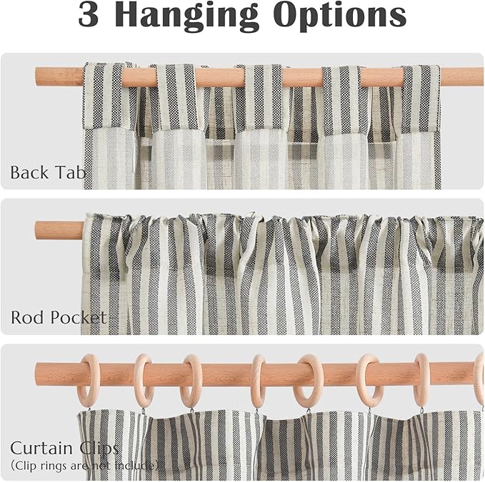 jinchan Striped Linen Kitchen Curtains 54 Inches Short Curtains Farmhouse Modern Cafe Style Window Treatments Airy Light Filtering Rod Pocket for Living Room Bathroom 2 Panels Charcoal Grey