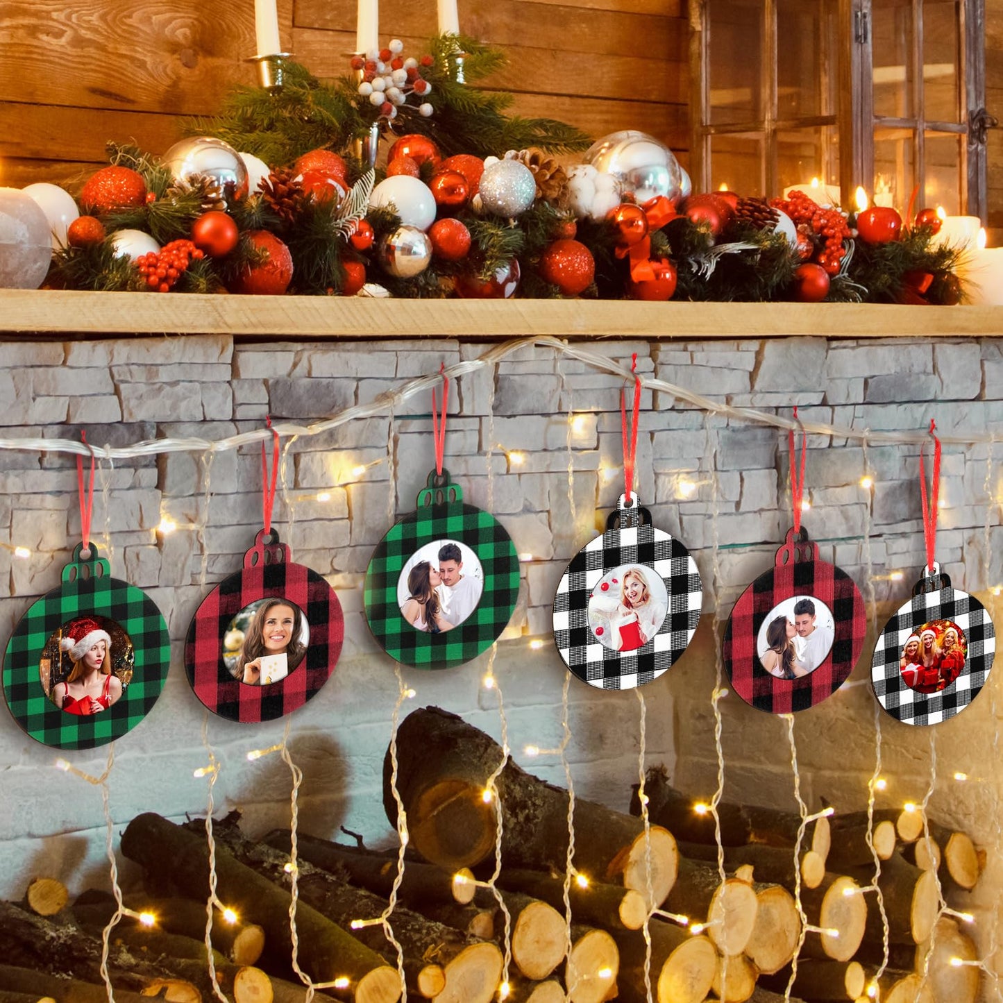Jetec 12 Pcs Christmas Photo Ornaments Picture Frame Ornaments for Christmas Tree Wooden Ball Plaid Hanging Decorations for Xmas Party Home Decor(Red and Black, Black and White, Green)