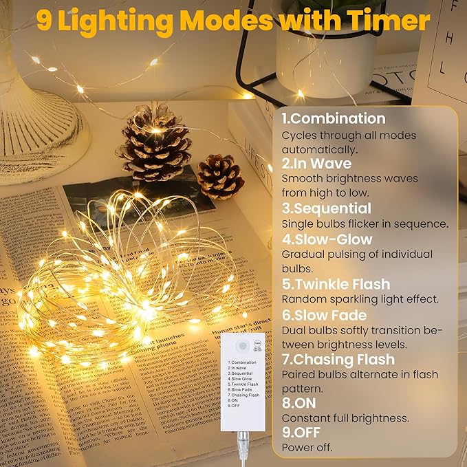 Mlambert LED Fairy Lights Battery Operated with Timer, Rechargeable Mini Twinkle Lights for Christmas Decor Holiday Party, 65.6FT(16.4x4), Warm White