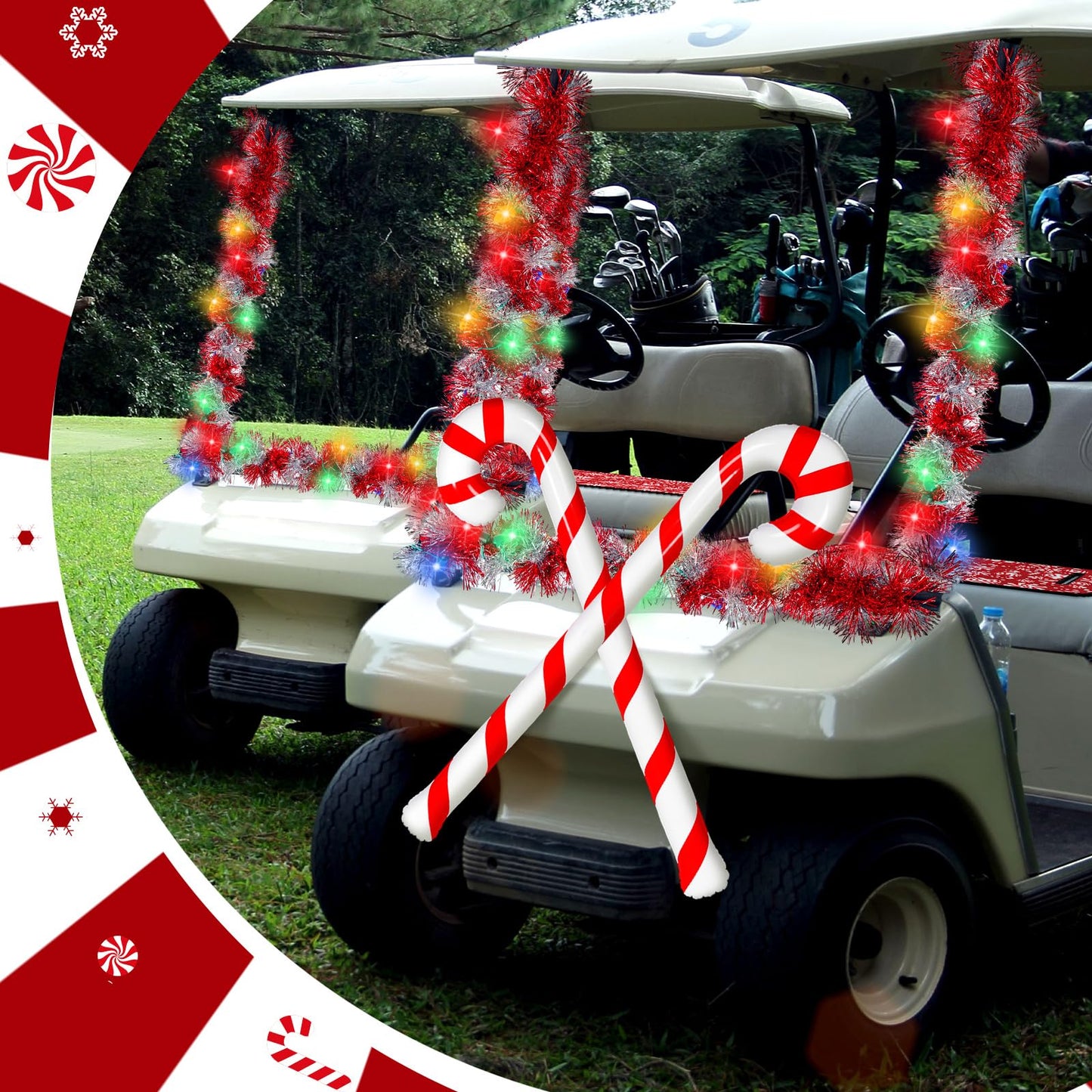 Suncalla 6 Pcs Christmas Golf Cart Decorations Kit Christmas Parade Golf Cart Decor Include Red White Seat Cover Tinsel Garland Candy Canes Balloons and String Lights for Holiday Decoration