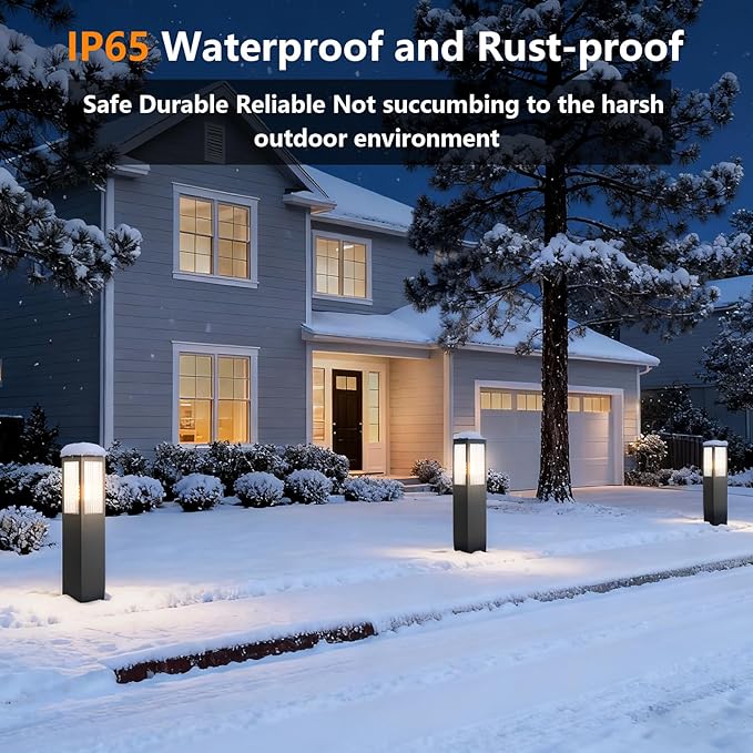 Outdoor Landscape Path Light Stainless Steel Waterproof Bollard Lighting Hardwired E26 Glass Post Pillar Lights Black Modern Lawn Lighting Outside House Pathway Lamp For Garden Patio Yard Street Light