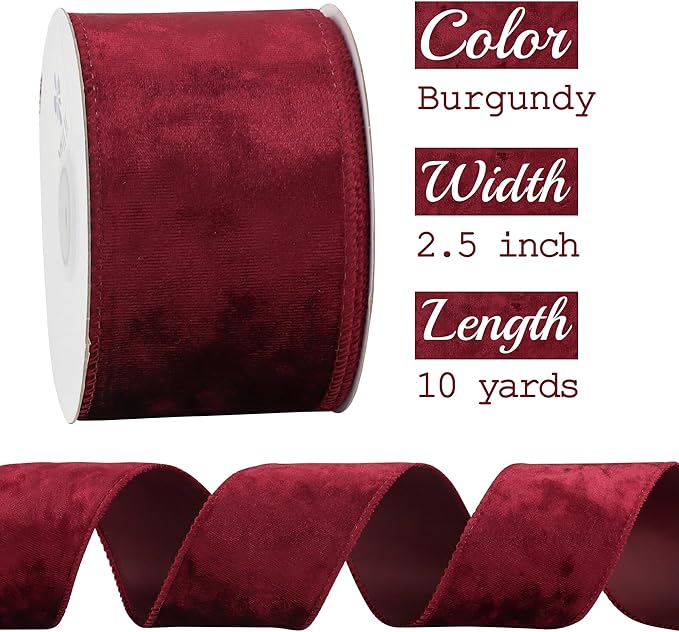 MEEDEE Burgundy Velvet Ribbon 2.5 inch Crushed Velvet Christmas Ribbon 10 Yards for Christmas Tree Decoration, Wreath Supplies, Crafts Bow, Gift Wrapping, Wedding Decor and Accents