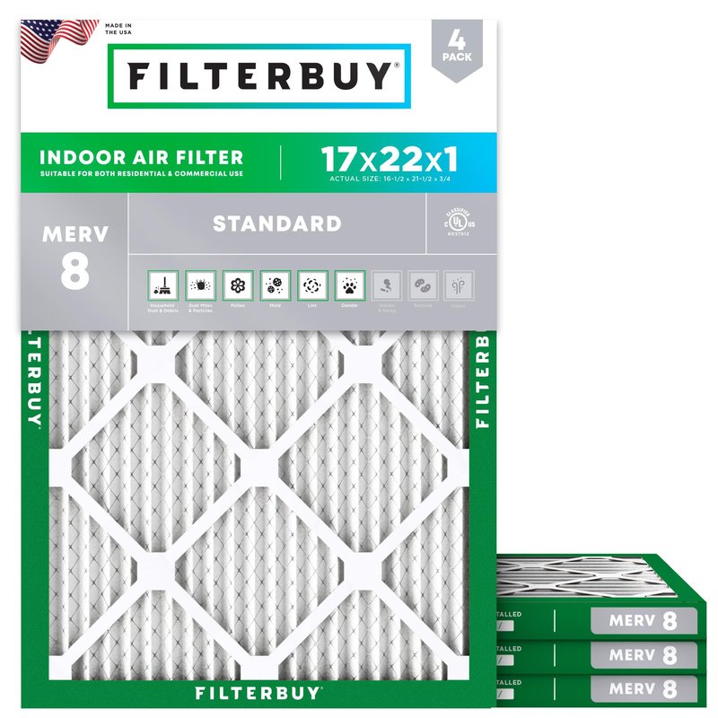 Filterbuy 17x22x1 Air Filter MERV 8 Essential Dust & Allergy Defense (4-Pack), Electrostatic Pleated HVAC AC Furnace Filters Replacement, Made in USA (Actual Size: 16.50 x 21.50 x 0.75)