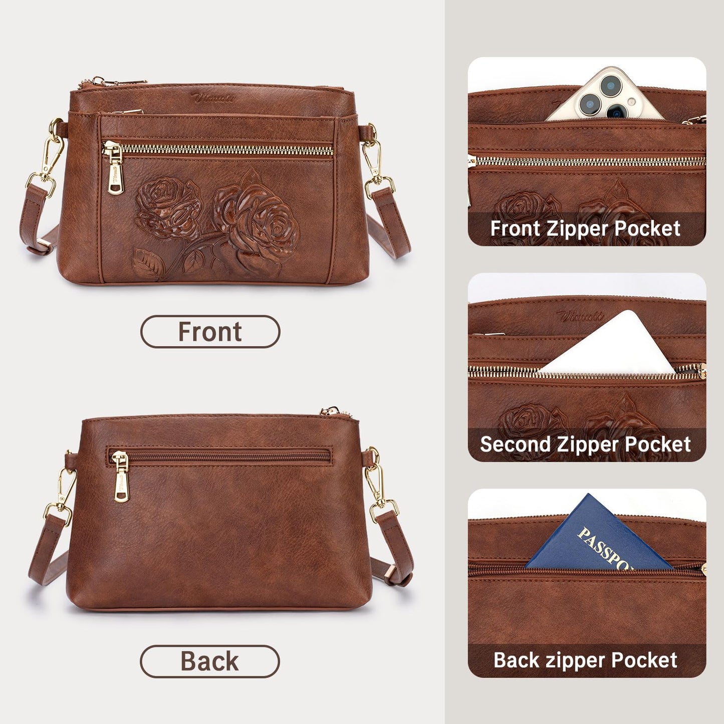 VIMUTI Vegan Leather Wristlet Wallet Purse for Women Small Clutch Purse with 2 Straps,Embossed Crossbody Cell Phone bag (Brown)