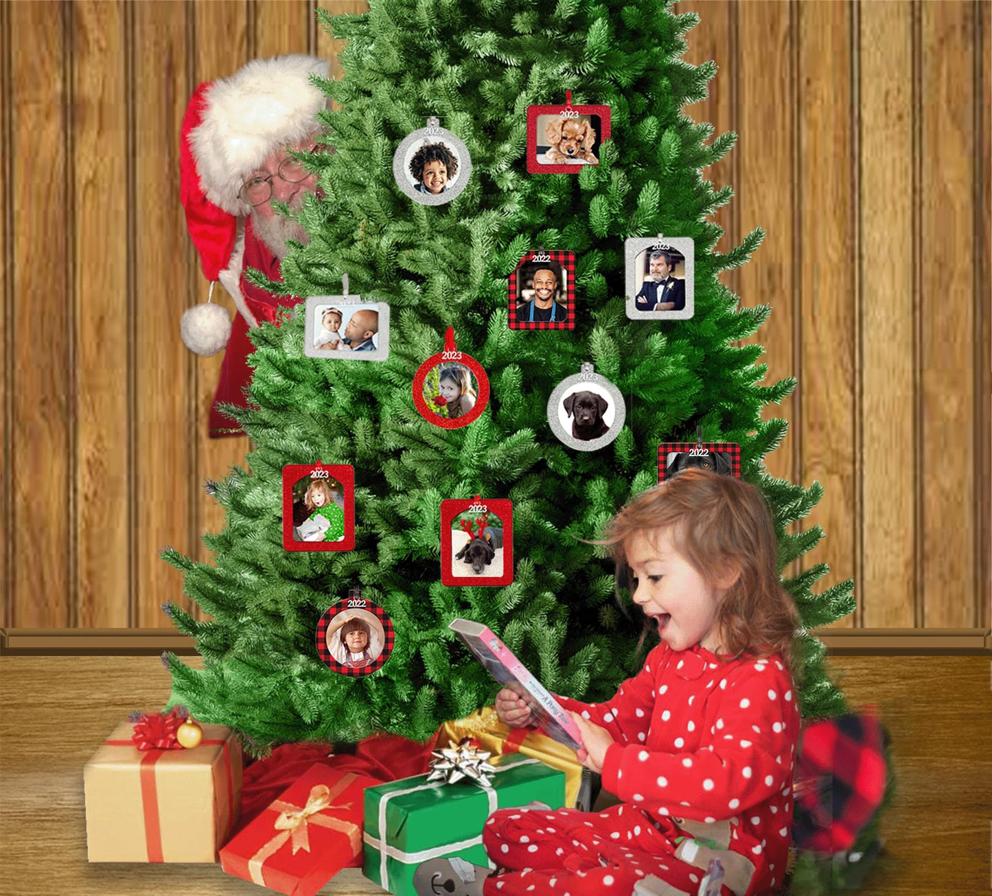 Expressly Yours! Photo Expressions 2025 Photo Ornaments for Christmas Tree, Christmas Picture Frame Ornament, Easy-Load Magnetic Frame with Ribbon, Charm & Photo Protector, Horizontal Buffalo Plaid