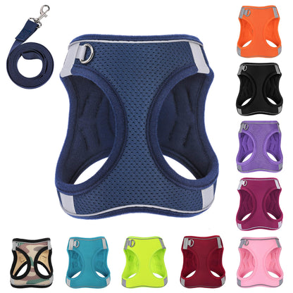 PWOD Dog Harness with Leash Set, No-Pull Step-in Reflective Pet Harness with 1 Leash Clips, Adjustable Soft Padded Easy Walk Dog Vest for Small Medium Large Dogs, Cats(Dark Blue, Large)