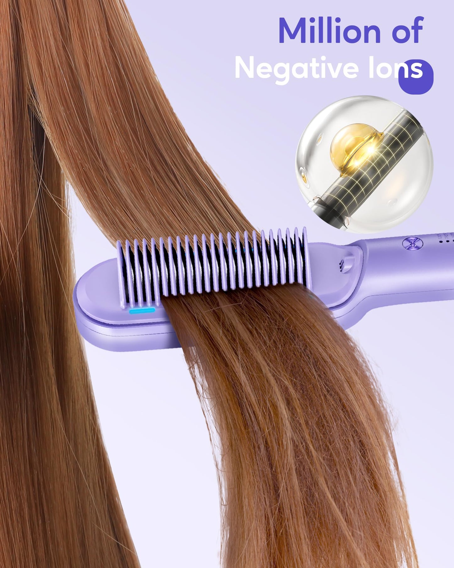 Wavytalk Hair Straightener Brush, Sleek Sweep Ionic Straightening Brush with 6 Temperature Adjust, Anti-Scald Ceramic Straightening Comb Fast Heating for Home Salon, Dual Voltage, Purple.