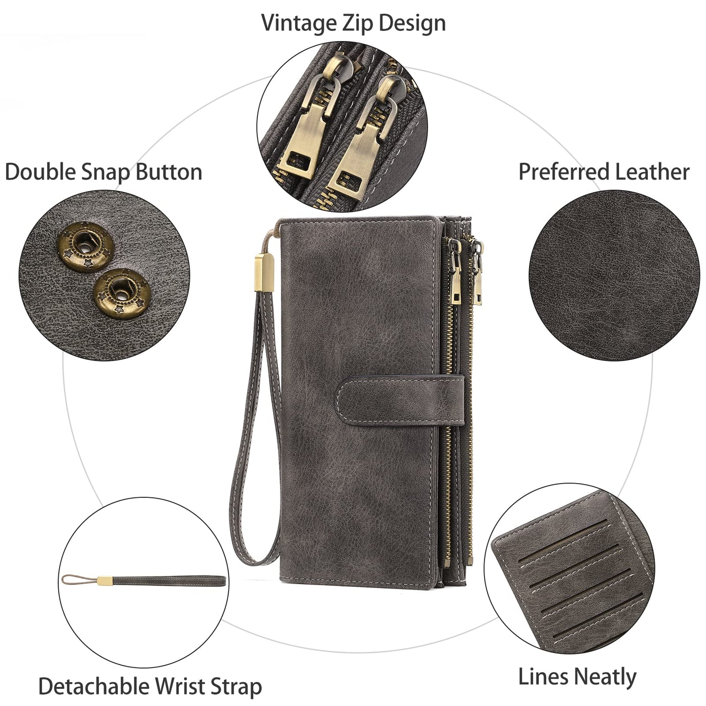 GOIACII Wallet for Women Large Wristlet Purse Trifold Clutch Grey
