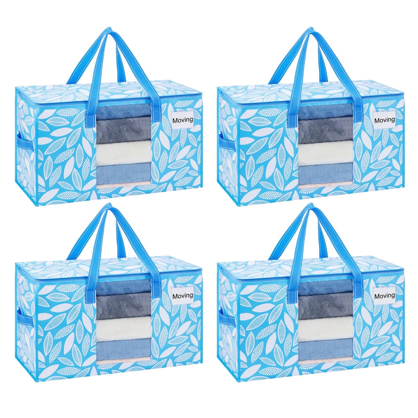 VENO 4 Pack Heavy Duty Moving Bags, Clothes and Comforter Storage Bags with Clear Window, College Dorm Essentials Packing Supplies, Foldable Boxes Alternative (Spring Breeze, 4 Pack)