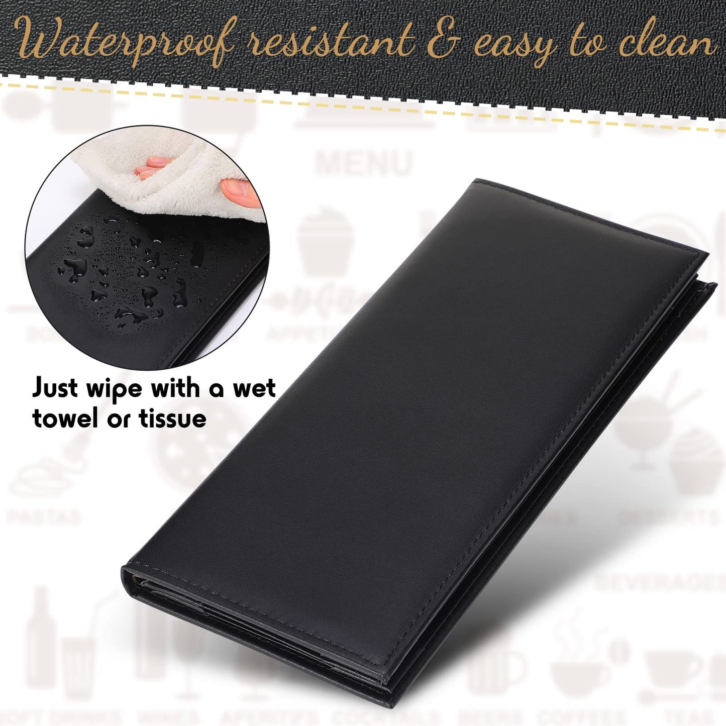 Jexine 12 Pcs Black Menu Covers Waterproof Restaurant Cafe Bar PU Leather 4 View Fold Menu Book with Angled Corners for Wine Drinks Cafes List Covers Set, 4.25 x 11 Inches