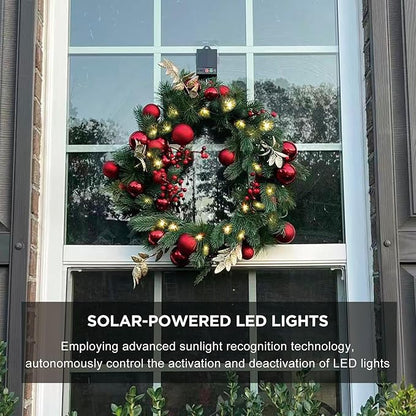 4pack Solar Christmas Wreath 24 Inch Pre-Lit Solar 50 Led Artificial Wreath Outdoor Front Door Window Christmas Decorations with Frosted Branches Red Christmas Balls (2408-4pk)