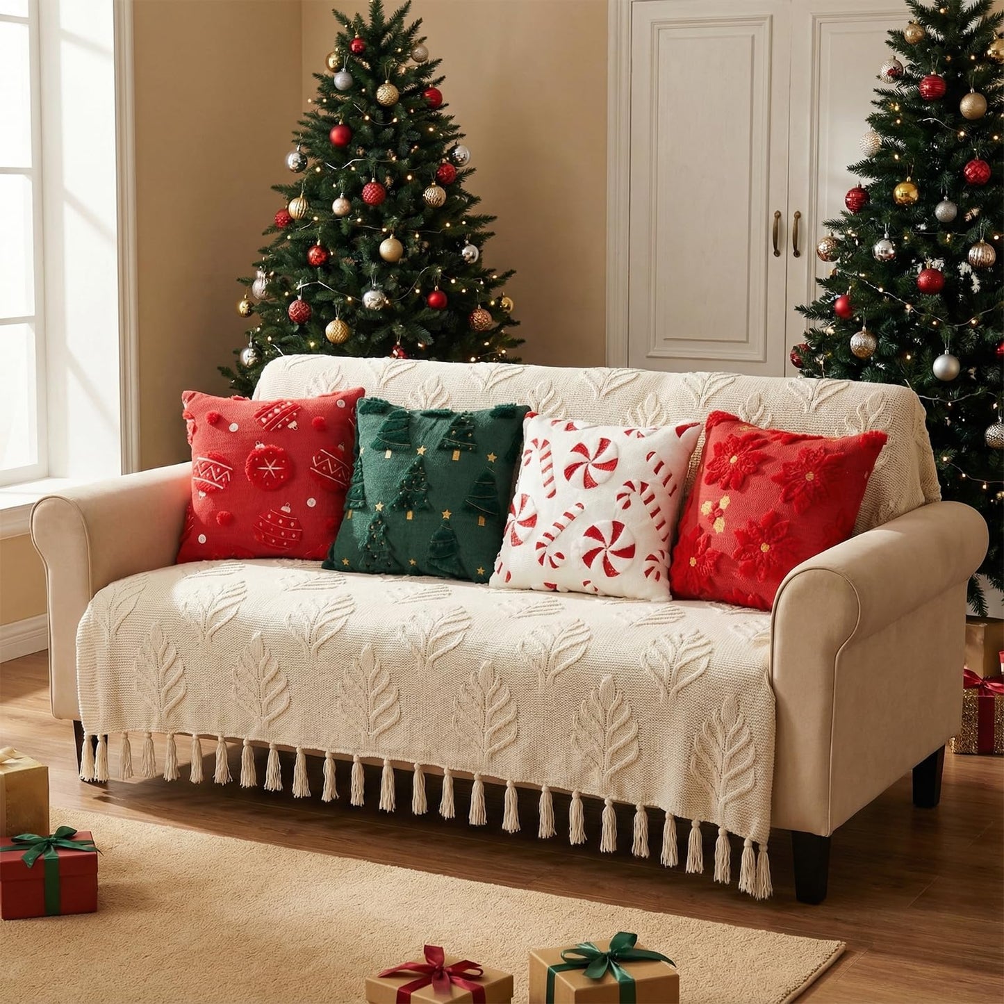 Tiamon 4 Pcs Christmas Throw Pillow Covers 18 x 18 Inch 3D Embroidered Plush Green Red Pillow Cases Christmas Tree Poinsettia Fluffy Faux Fur Cushion Covers for Sofa Couch Winter Holiday Party Decor
