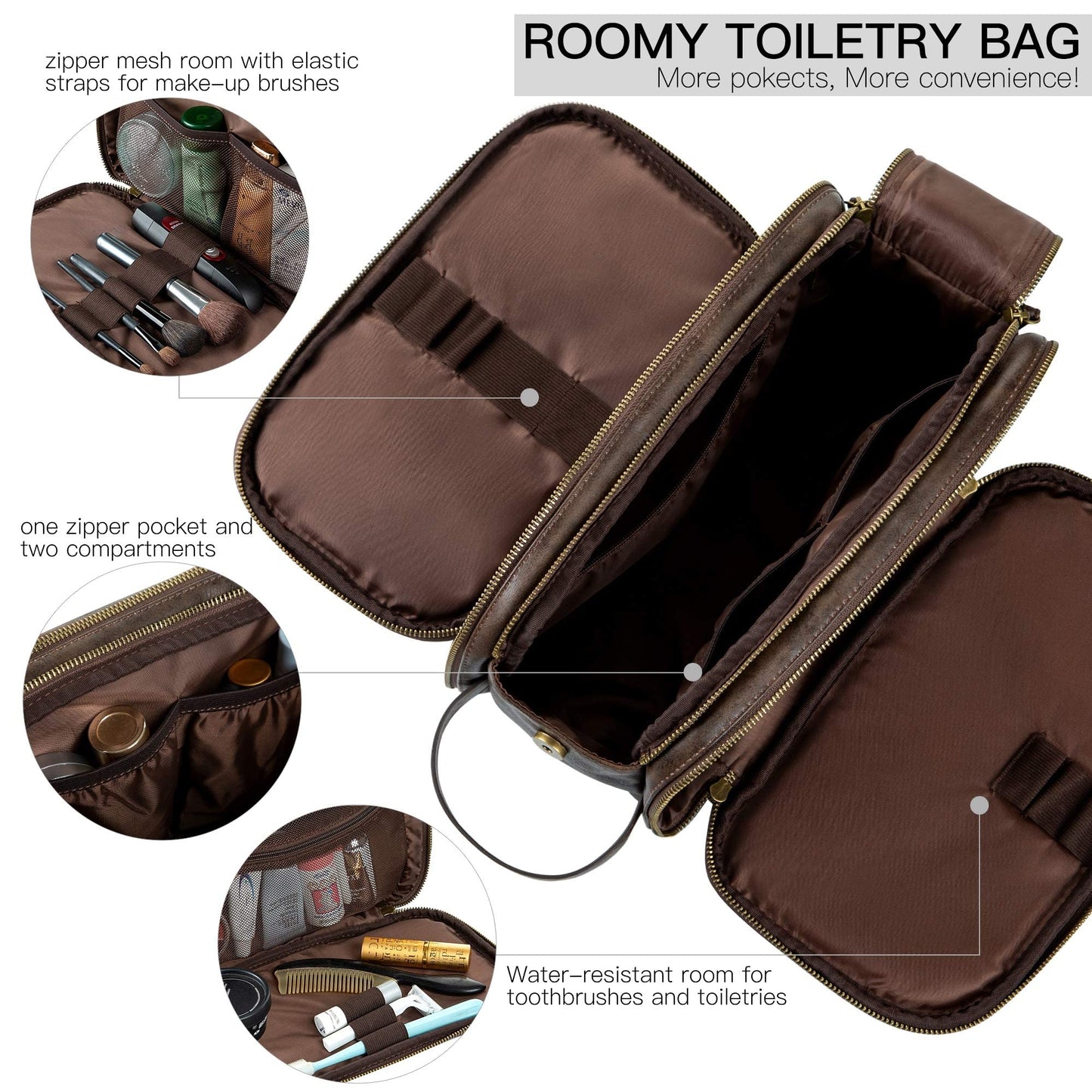 Elviros Toiletry Bag for Men, Large Travel Shaving Dopp Kit Water-resistant Bathroom Toiletries Organizer PU Leather Cosmetic Bags Fathers Day Gift (Medium, Chocolate)