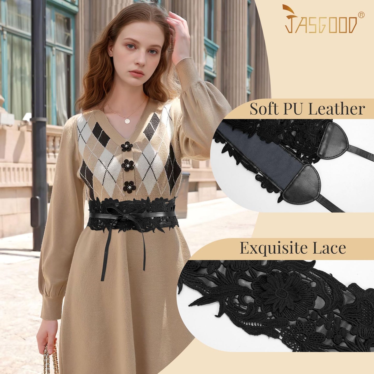 JASGOOD Women Lace Waist Belt Corset Waist Band Belt For Dress Obi Bowknot Cinch Wide Belt Bow Tie Wrap Boho Faux Leather,Black