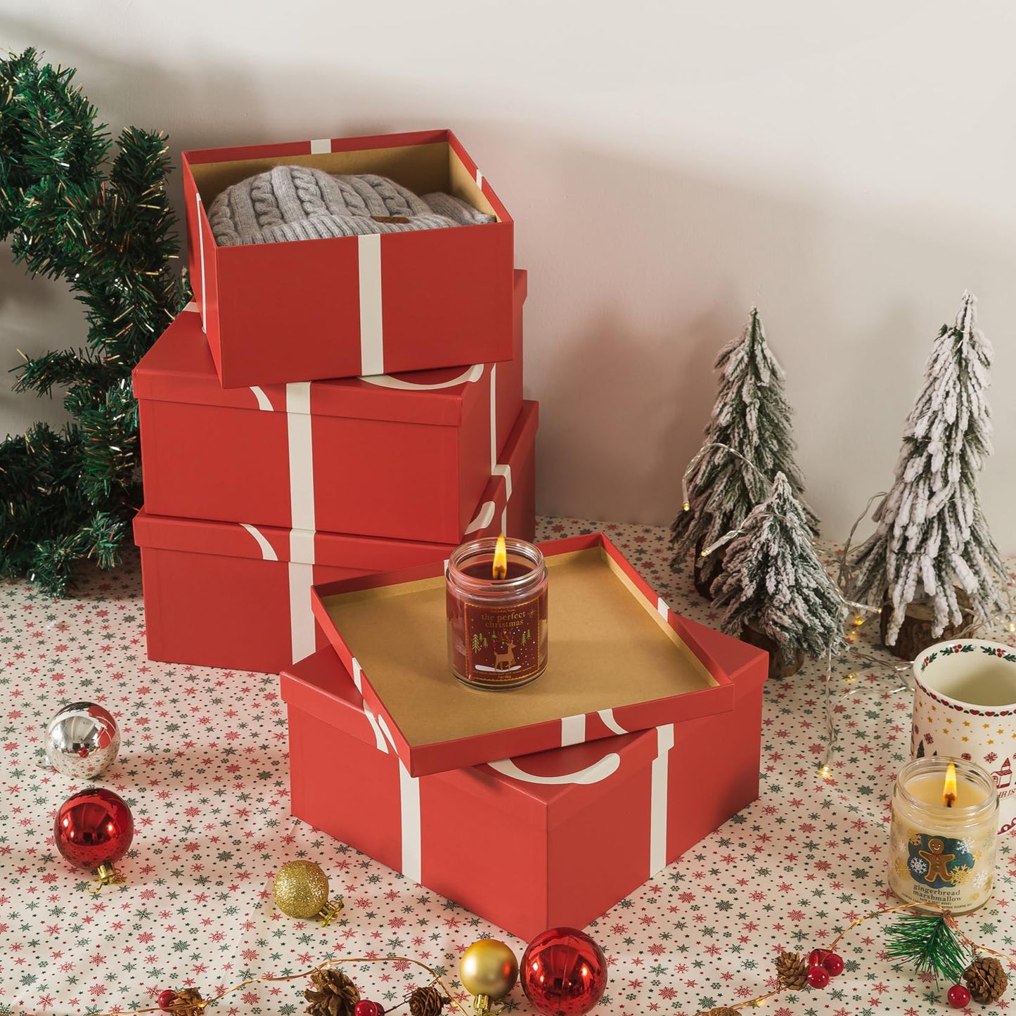 Soul & Lane Christmas Square Decorative Boxes with Lids - Set of 4 - Festive Red, Reusable Large Nesting Holiday Gift Boxes for Presents and Décor