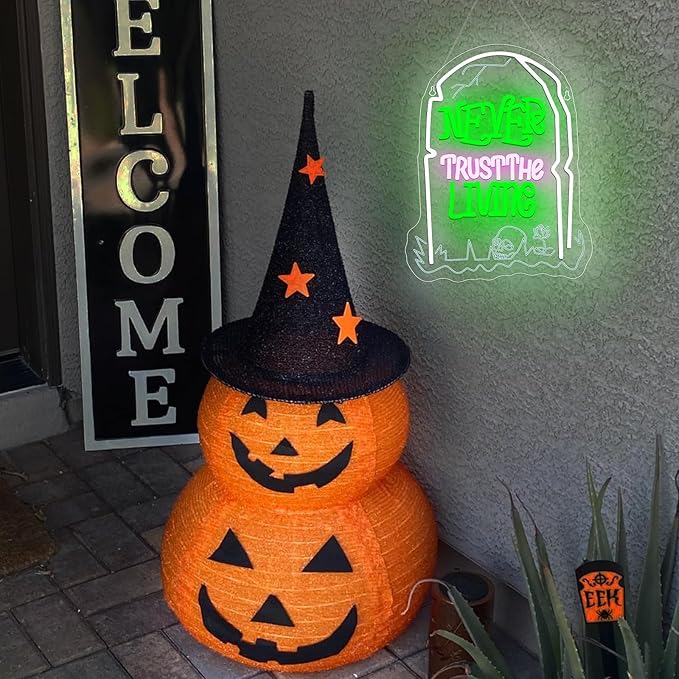 Never Trust The Living Neon Sign Halloween LED Sign for Window Dimmable USB Powered Tombstone Light for Wall Decor Light Up Halloween Signs for Room Bar Secrets Spooky House Decor