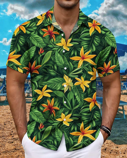Mens Hawaiian Button Up Shirt Beach Vacation Cruise Tee Summer Tropical Palm Leaf Shirts Casual Unique Pattern Comfy Tops