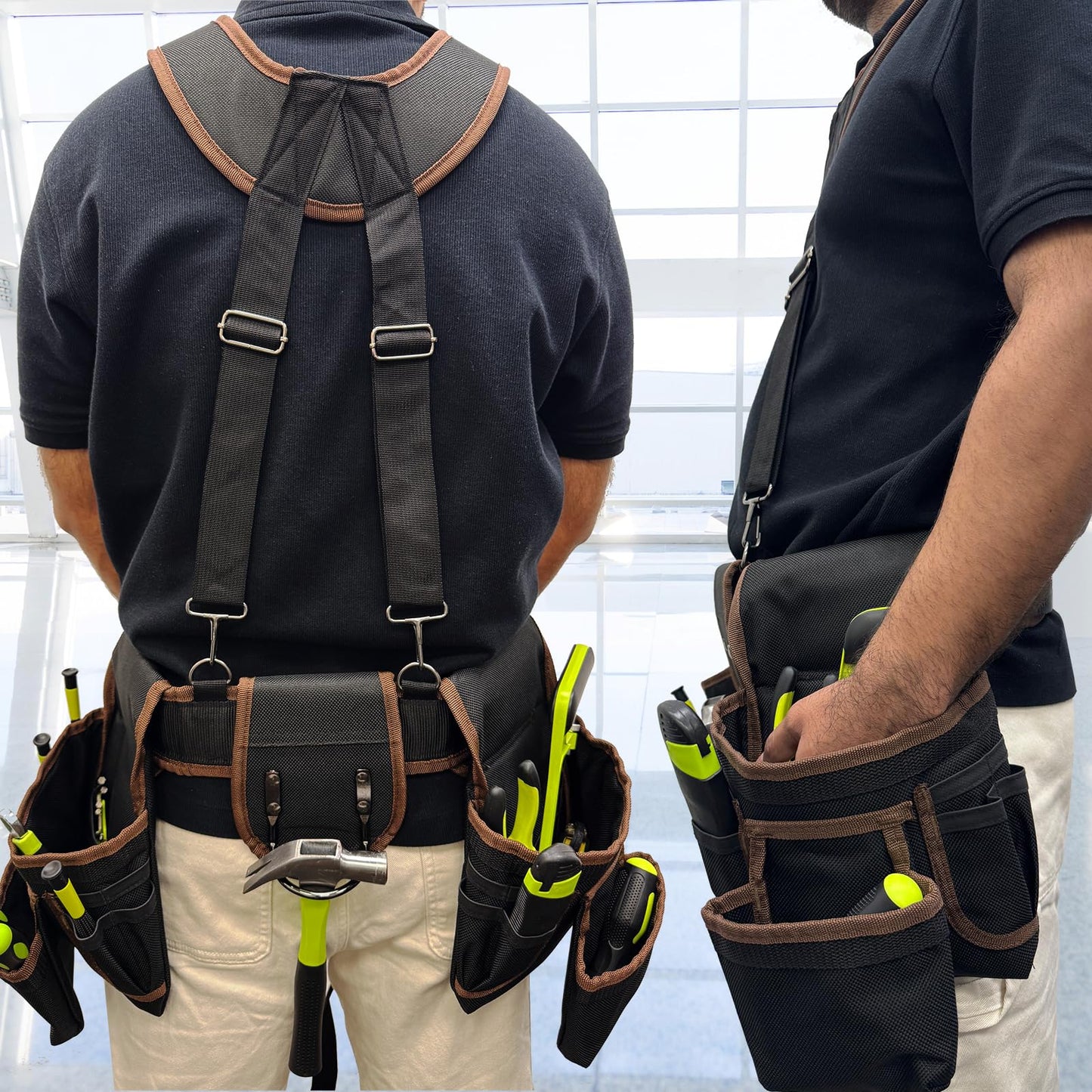 Tool Belt for Men, 32 to 66 Inches Adjustable Waist, Electrician and Carpenter Tool Belt with Suspenders for Construction and Gardening, Black and Brown, Oxford Fabric