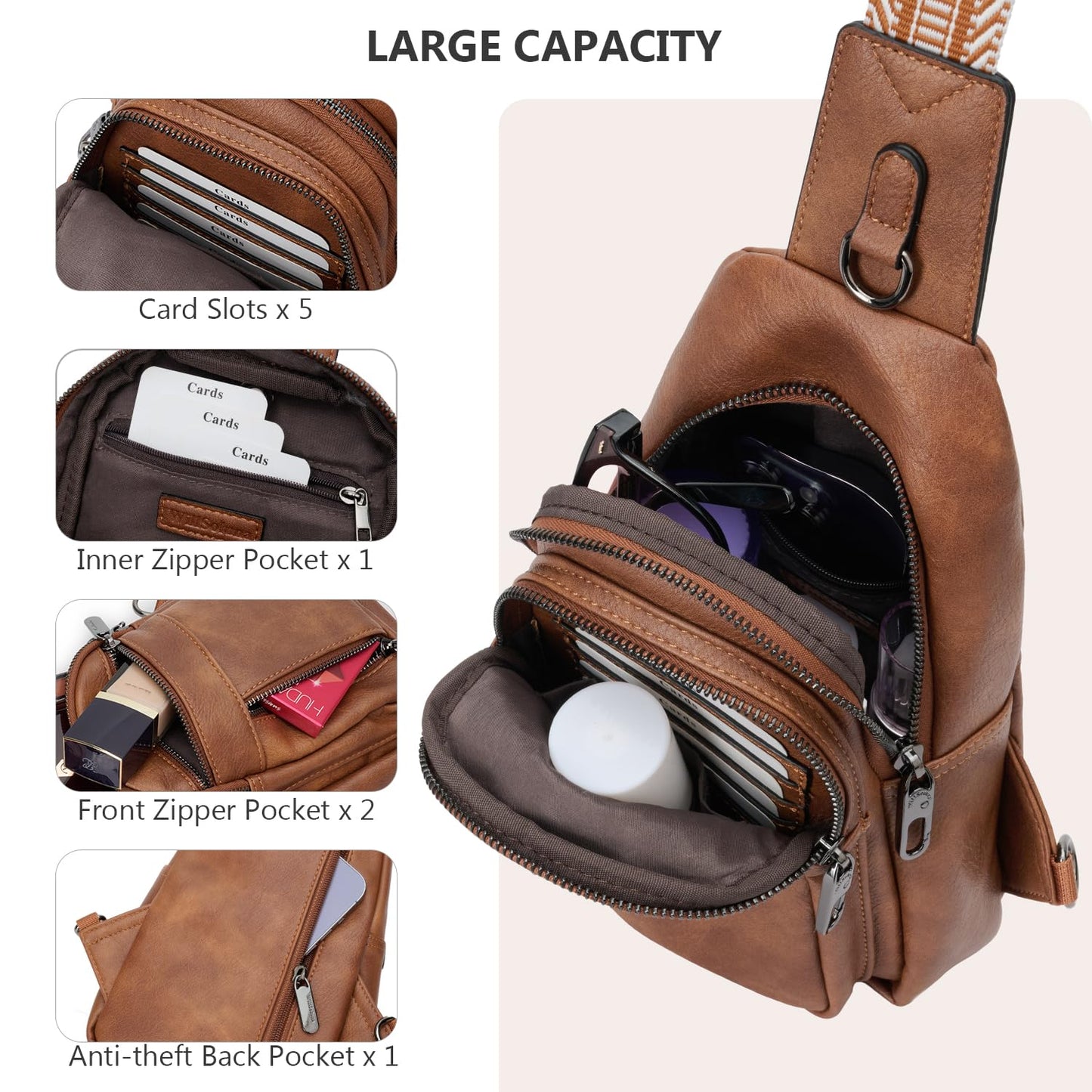 WILLSOLUNA Anti-theft Sling Bag for Women, Crossbody Chest Bags, PU Leather Small Fanny Pack with Adjustable Strap, Brown