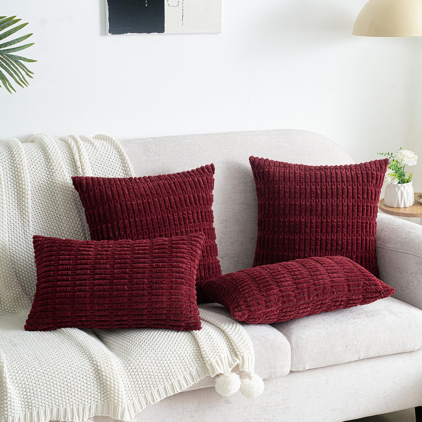 Smile of hope Pack of 2 Burgundy Corduroy Decorative Pillow Covers 18x18 Inch Soft Striped Boho Throw Pillow Covers Modern Farmhouse Home Decor for Sofa Living Room Couch Bed