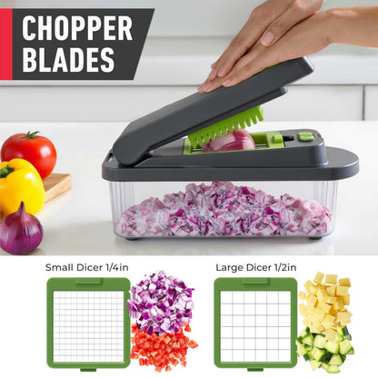 Mueller Pro-Series 10-in-1, 8 Blade Vegetable Chopper, Onion Mincer, Cutter, Dicer, Egg Slicer with Container, French Fry Cutter Potato Slicer, Home Essentials, Salad Chopper,Gray/Green