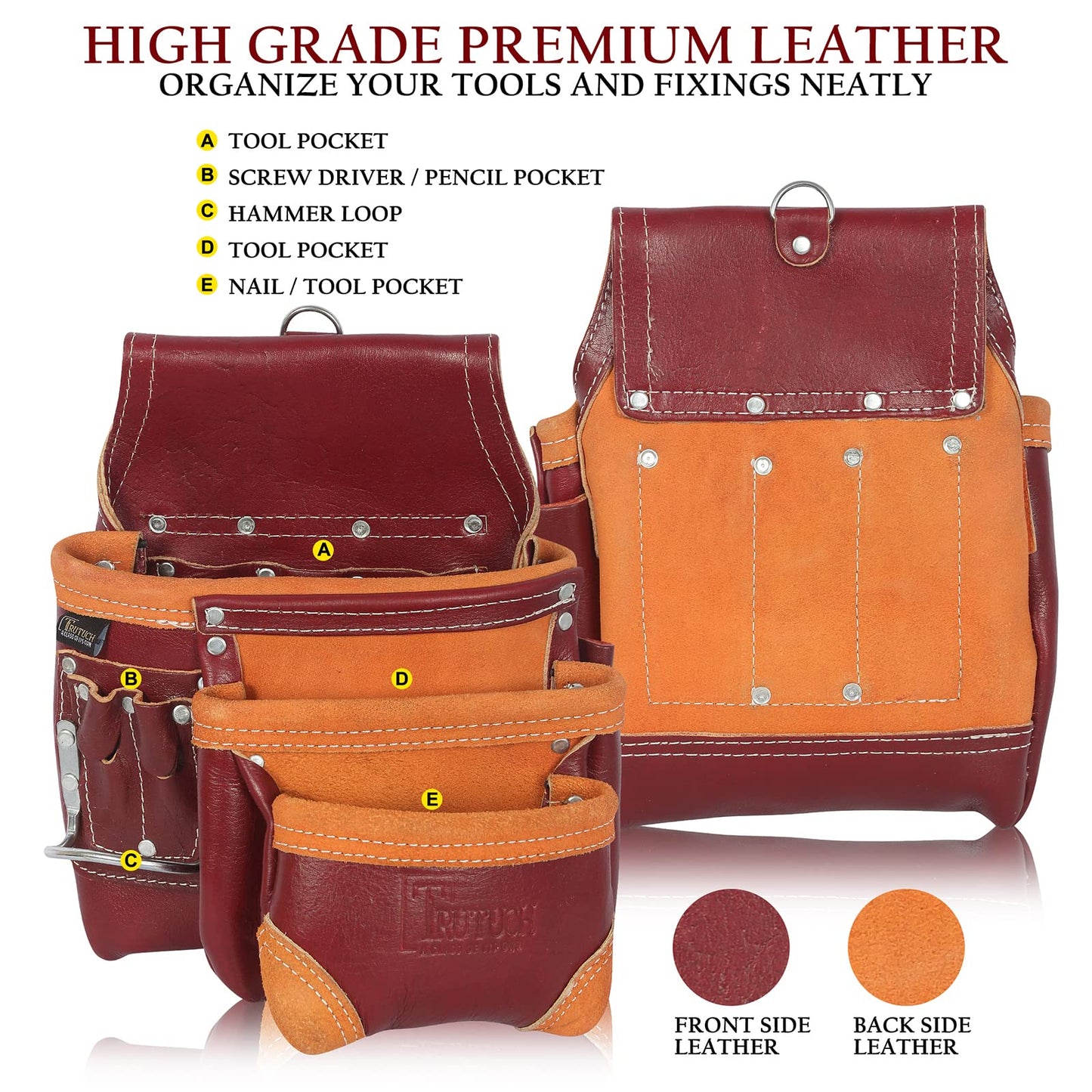 TRUTUCH Grain Leather Tool Belt | Tool Rig Set | Tool Pouch | Drywall | Carpenter Tool Bag | Leather Tool Belts for Men | Construction | Framers | Electrician (Maroon)