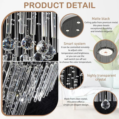 Flashing God D48''X H120'' Extra Large Chandelier for High Ceilings Crystal Raindrop Chandeliers Large Chandelier for Villa Entrance Foyer LED Dimmable Black Large Light Fixture