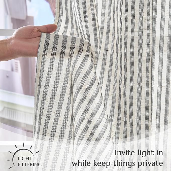 jinchan Striped Linen Kitchen Curtains 54 Inches Short Curtains Farmhouse Modern Cafe Style Window Treatments Airy Light Filtering Rod Pocket for Living Room Bathroom 2 Panels Charcoal Grey