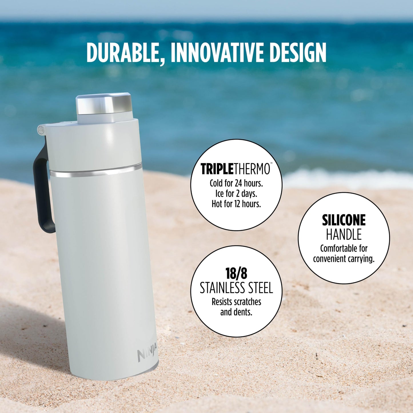 Ninja Thirsti 18oz Travel Water Bottle, For Carbonated Sparkling Drinks, Colder and Fizzier Longer, Leak Proof, 24 Hrs Cold, Dishwasher Safe, Stainless Steel Insulated Tumbler, Cloud White, DW1801WH