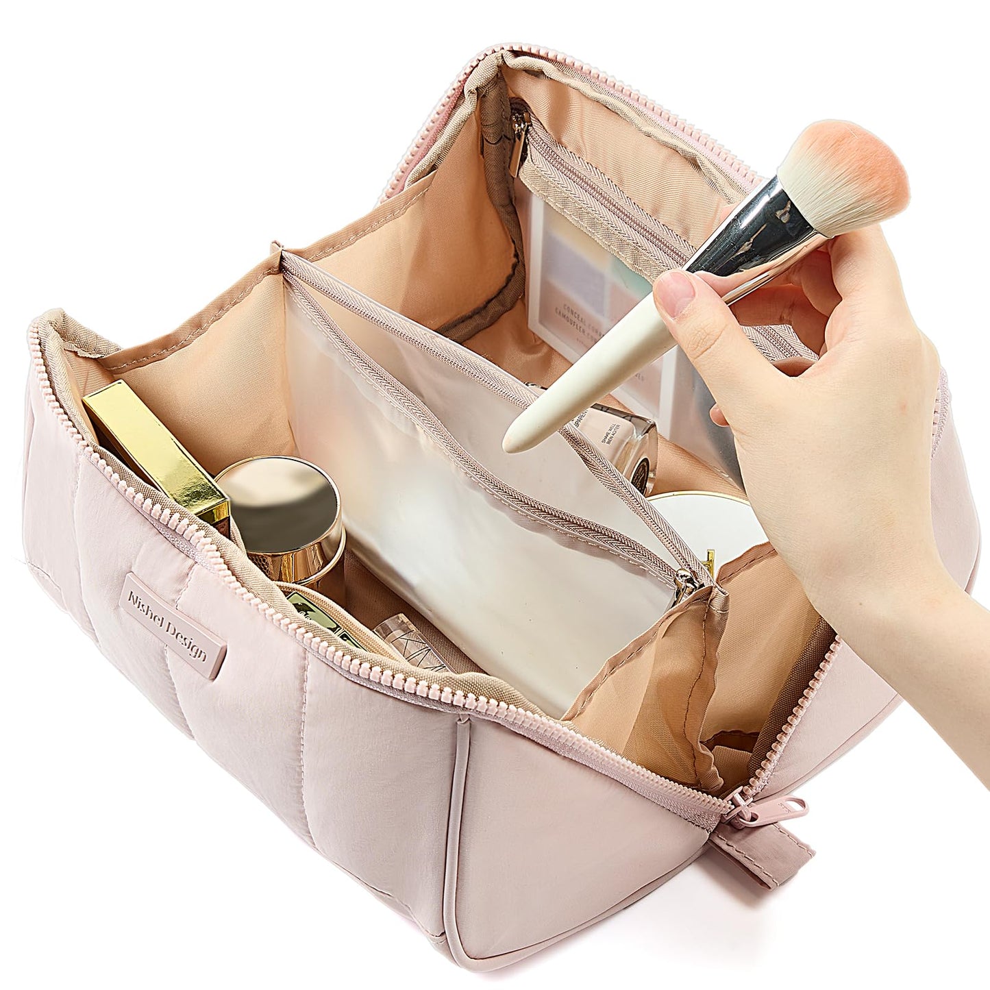 NISHEL Travel Makeup Bag for Women, Fluffy & Lightweight Open Flat Cosmetic Organizer with Multiple Functional Divider for Brush Independent Storage, Handle for Easy Portability, Pink