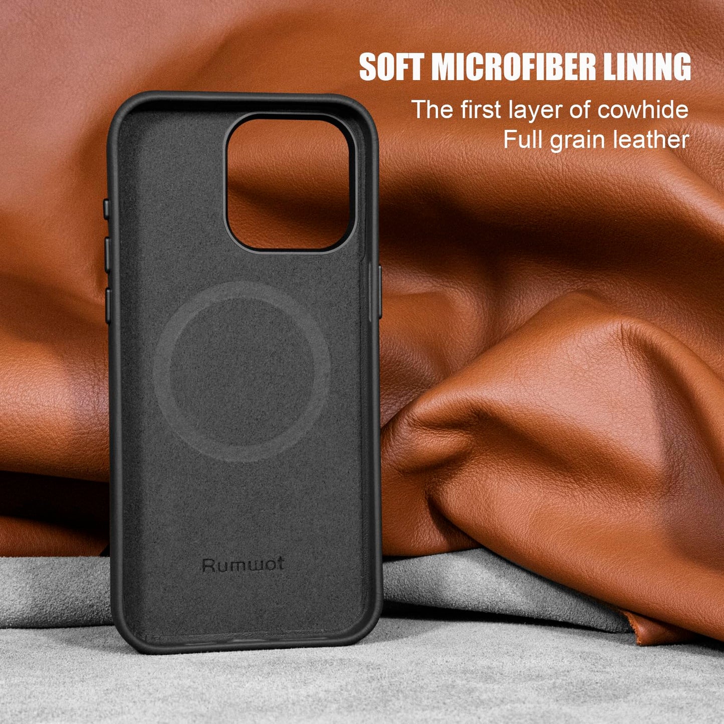 Rumwot for iPhone 15 Pro Leather Case | Genuine Full Grain Leather| Compatible with MagSafe and Wireless Charging | Metal Buttons Camera Bezel | Slim Fit-Drop and Scratch Resistant(Black)