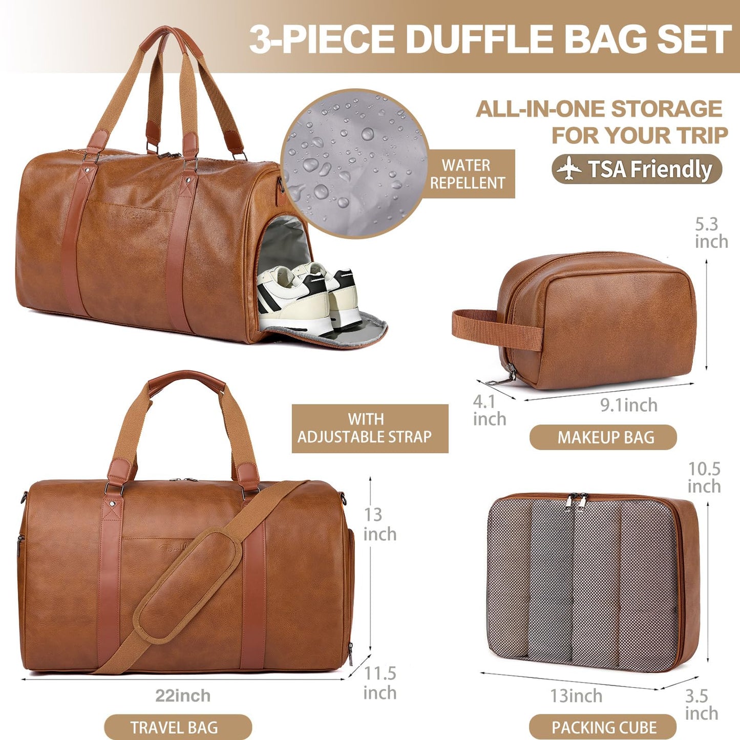 Large 3-in-1 Leather Duffle Bag for Travel Weekender Overnight Hospital Gym Bag for Men & Women, Carry On Airline Approved Personal Item Duffel Garment Bag Luggage with Shoe Compartment & Toiletry Bag