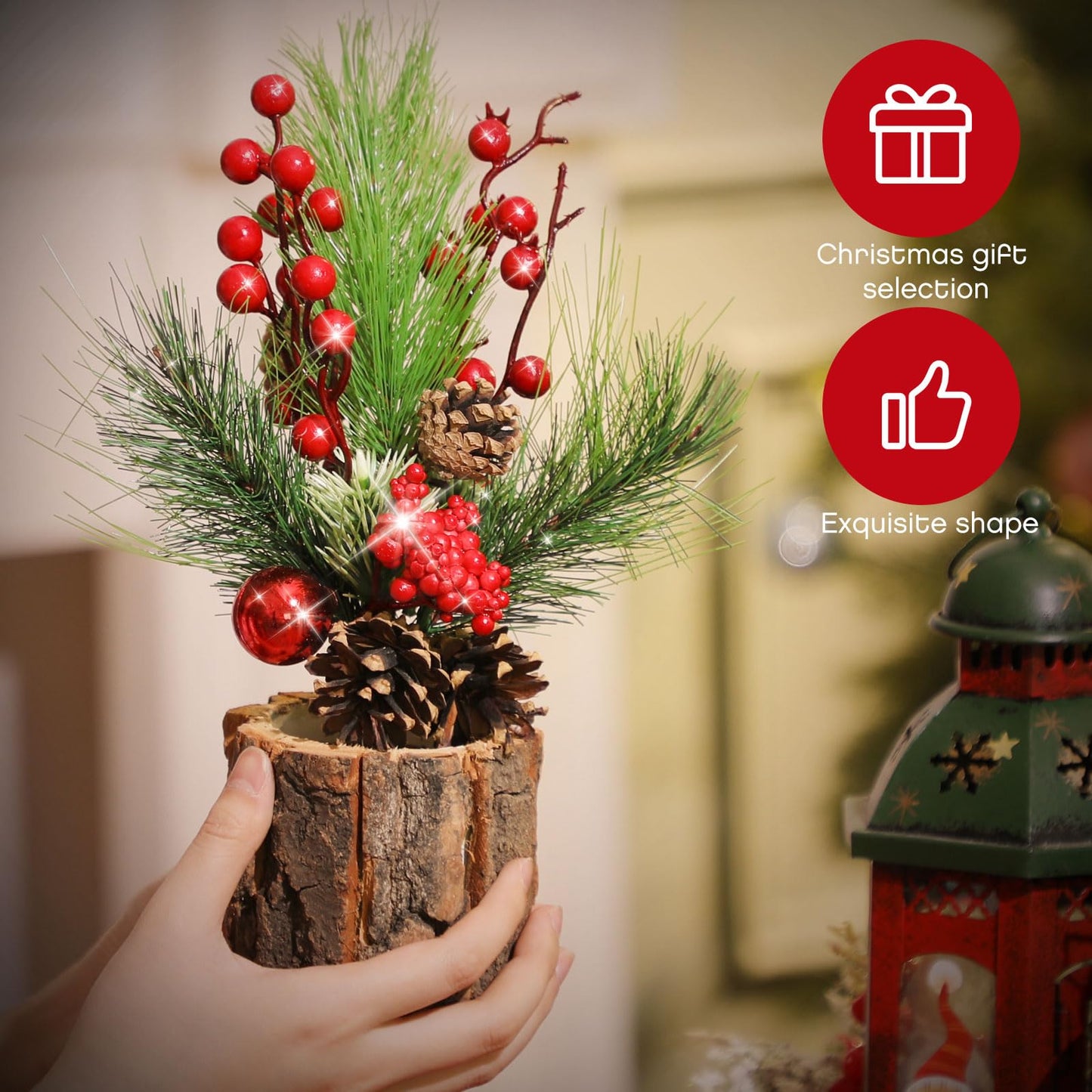 Solsew 3 Pcs 11 Inch Tabletop Christmas Tree Decorations with Christmas Ornaments Pine Cone Berry Bookshelf Decor for Holiday Room Party Winter Home Indoor Outdoor (Classic)
