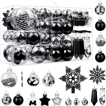 SHareconn 86PCS Christmas Tree Decorations Ornaments Ball Set, Non Breakable Plastic Clear Baubles for Xmas Tree Decor Holiday Wedding Party, Black