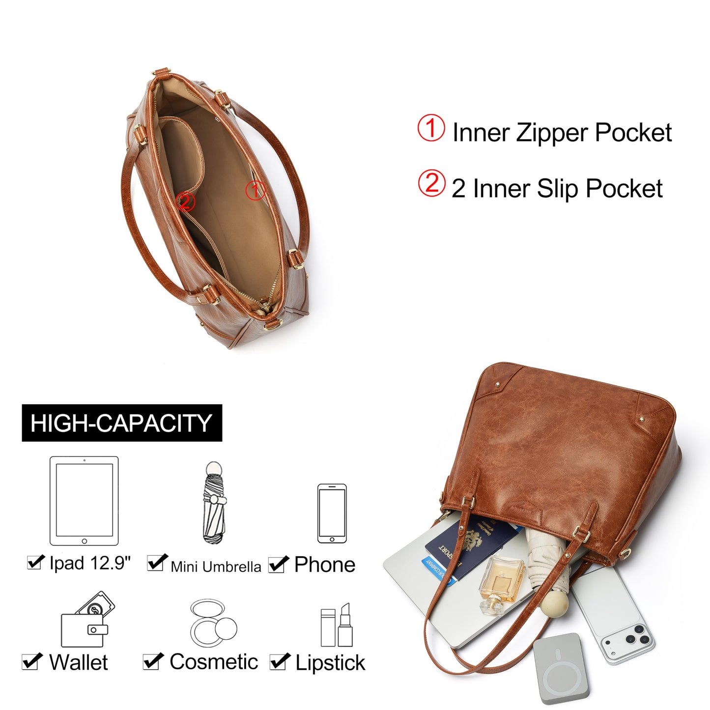 MUHUASHI Large Tote Bags for Women, PU Leather Shoulder Satchel Purse and Handbags with Detachable Crossbody Strap (2-Brown)