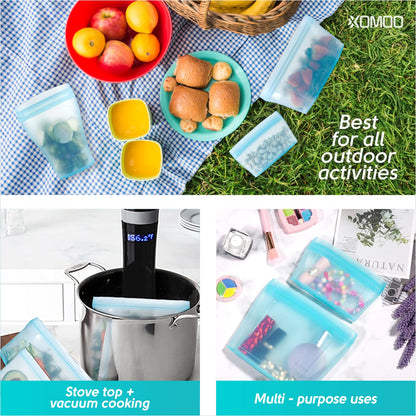 Reusable food container silicone bag, Upgrade second generation 6 Pcs Zip Containers Storage, 100% Silicone Reusable Food Bag, Stand Up Preservation Bag, Rounded interior for easy cleaning.